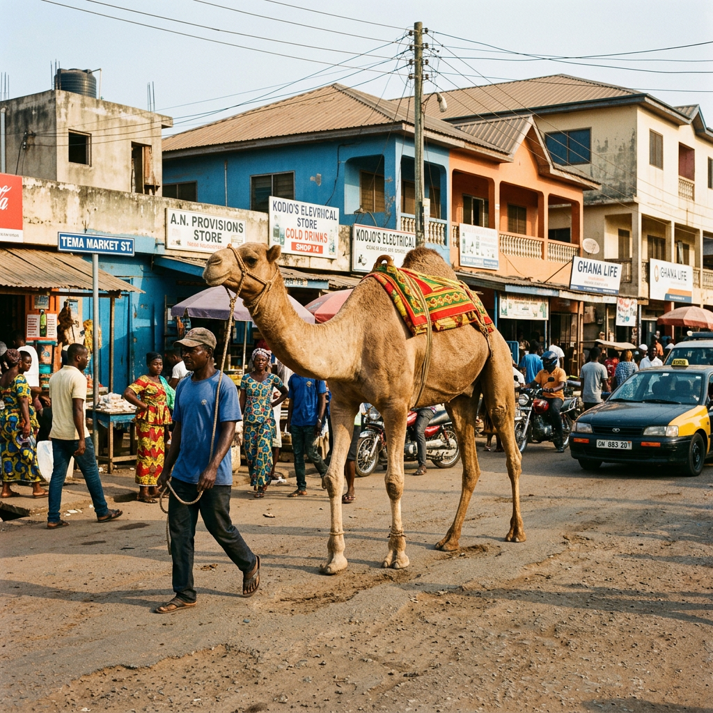 Man leading a camel on a busy street with market shops and people in Ghana